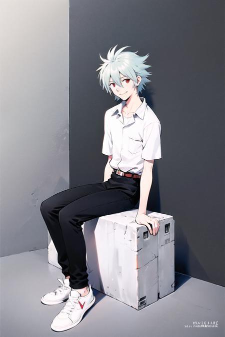 05447-3064375322-1boy, male focus, solo, nagisa kaworu, shirt, sitting, red eyes, rock, pants, white shirt, shoes, collared shirt, black pants, h.png